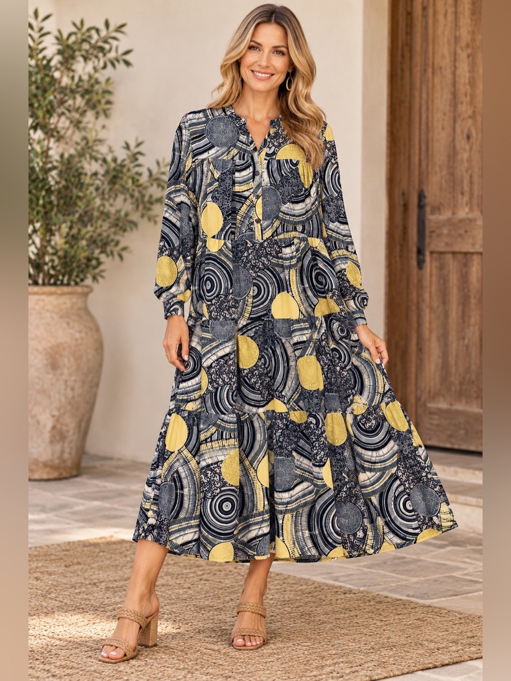 Beulah NWT Abstract Mandala Print Tiered Maxi Dress